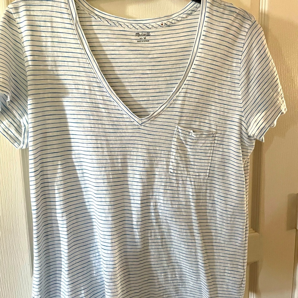 Madewell V-Neck Stripe Tee.  White with Blue Stripes.